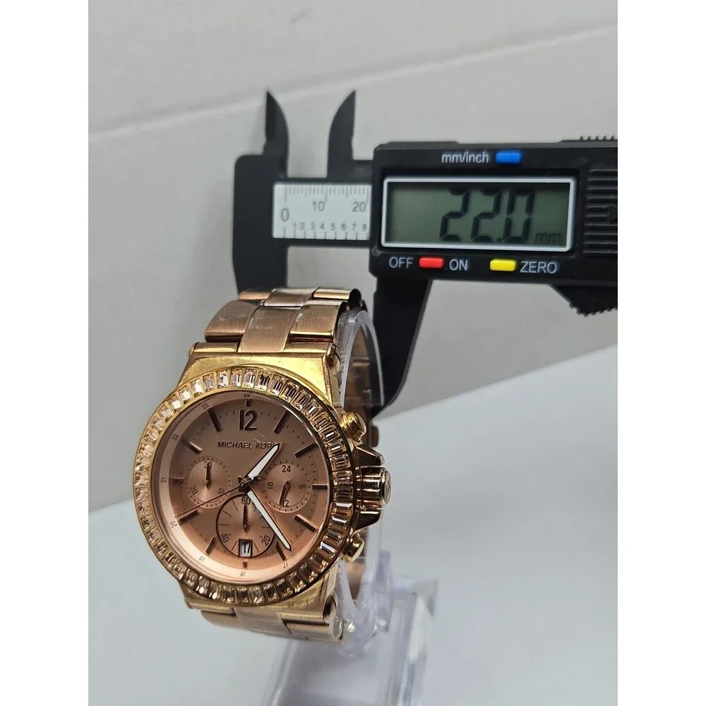 Michael Kors Dylan Womens Rose Gold Baguette Bezel Chronograph Watch New Battery